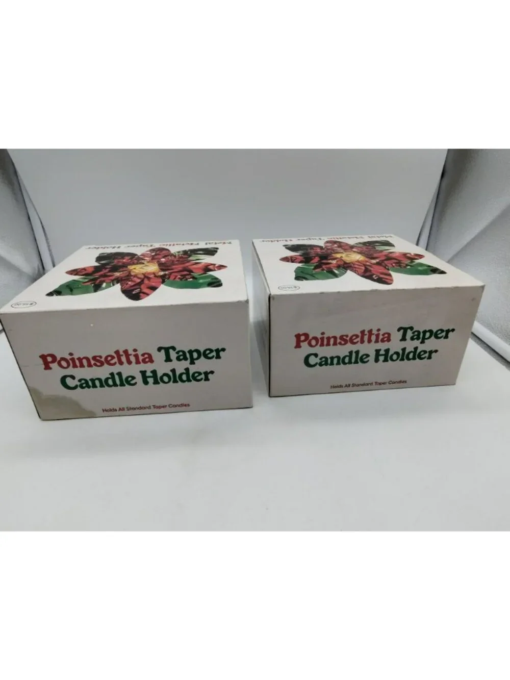 2 Vintage Christmas Taper Candle Holders Shiny metal Poinsettia Flower, Orig Box